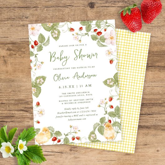 Sweet Watercolor Strawberry Chicks Baby Shower Kaart