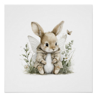 Sweet watercolour fairy bunny illustration perfect poster