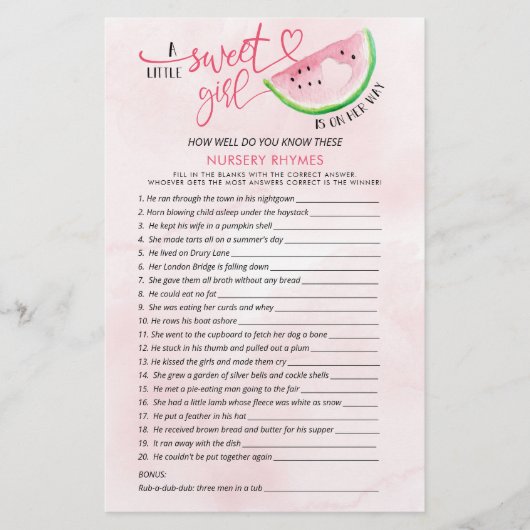 Sweet Watermelon dubbelzijdig Baby shower spelletj (Voorkant)