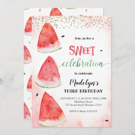 Sweet Watermelon Summer Birthday Invitation Kaart (Voorkant / Achterkant)