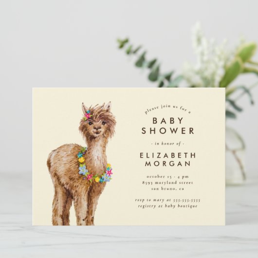 Sweet Waterverf Alpaca Baby shower Kaart (Staand voorkant)