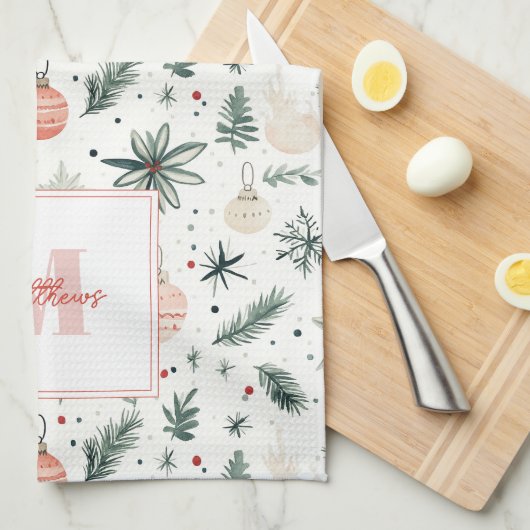 Sweet Waterverf Kerstgroen Monogrammed Theedoek (Quarter Fold)