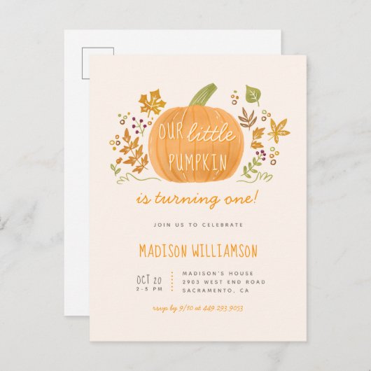 Sweet Waterverf Little Pumpkin Herfst Kids Verjaar Uitnodiging Briefkaart (Voorkant / Achterkant)