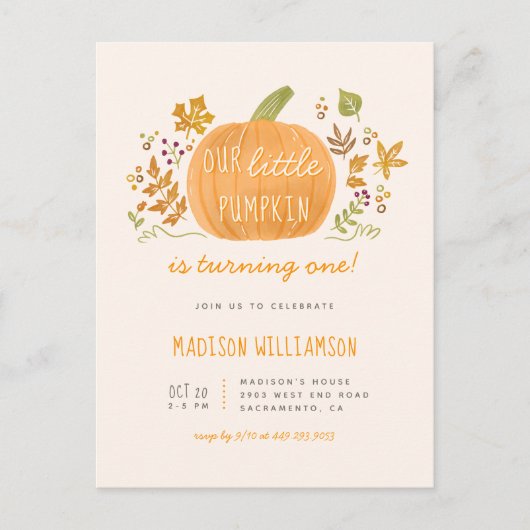 Sweet Waterverf Little Pumpkin Herfst Kids Verjaar Uitnodiging Briefkaart (Voorkant)