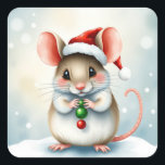 Sweet Waterverf Mouse Whimsical Christmas Vierkante Sticker<br><div class="desc">Schattigee kleine waterverf muis met kerstmuts op het houden van kerstversieringen op een besneeuwde winterse kerstdag.</div>