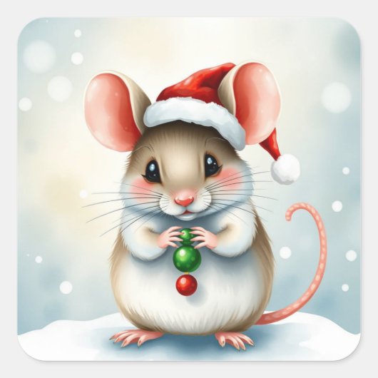 Sweet Waterverf Mouse Whimsical Christmas Vierkante Sticker (Voorkant)
