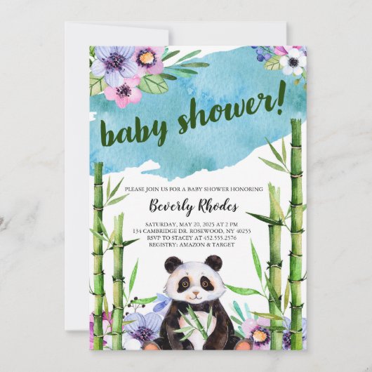 Sweet Waterverf Panda en Bamboe Baby shower Kaart (Voorkant)