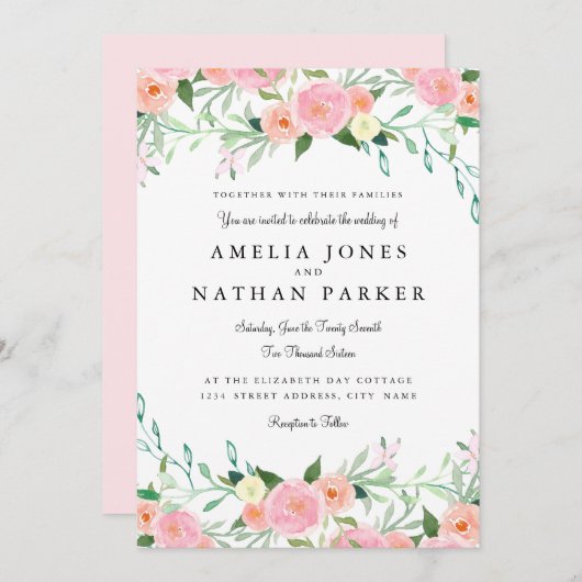Sweet Waterverf Roze Peach bruiloft uitnodiging (Voorkant / Achterkant)