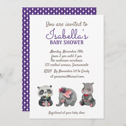 Sweet Waterverf Safari Animals Baby shower Kaart (Voorkant / Achterkant)