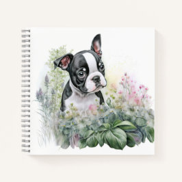 Sweet Whimsical Floral Boston Terrier Puppy Notitieboek