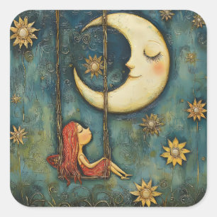 Sweet Whimsical Girl op een schommel en hemelse ma Vierkante Sticker