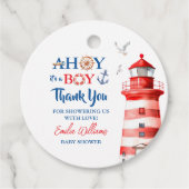 Sweet White Blue Red Nautical Ahoy Boy Lighthouse Bedankjes Labels (Voorkant)