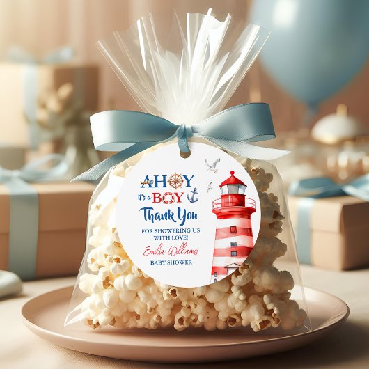 Sweet White Blue Red Nautical Ahoy Boy Lighthouse Bedankjes Labels