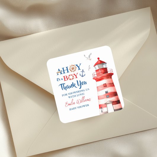 Sweet White Blue Red Nautical Ahoy Boy Thank You Vierkante Sticker