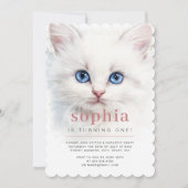 Sweet White Cat eerste verjaardagsfeest uitnodigin Kaart (Voorkant)