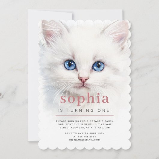 Sweet White Cat eerste verjaardagsfeest uitnodigin Kaart (Voorkant)