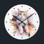 Sweet White Cat Waterverf Illustratie Ronde Klok<br><div class="desc">Schattige waterverf stijl cartoon illustratie van Marmer,  een witte en tabby kat.</div>