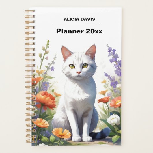 Sweet White Cat Waterverf ongedateerd | Je naam Planner (Voorkant)