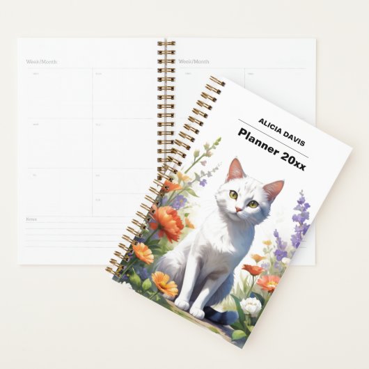 Sweet White Cat Waterverf ongedateerd | Je naam Planner (Display)