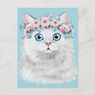 Sweet White Floral Cat Briefkaart