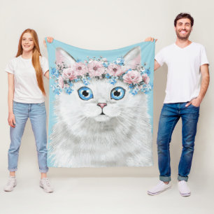 Sweet White Floral Cat Fleece Deken