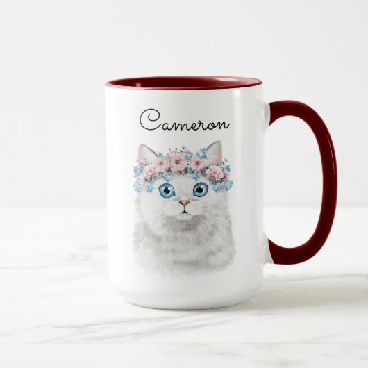 Sweet White Floral Cat | Jouw namen toevoegen Mok (Rechts)
