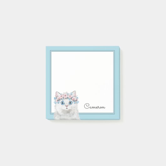 Sweet White Floral Cat | Jouw namen toevoegen Post-it® Notes (Voorkant)