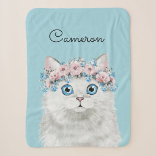 Sweet White Floral Cat Jouw namen toevoegen Sherpa Deken