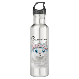 Sweet White Floral Cat   Jouw namen toevoegen Waterfles