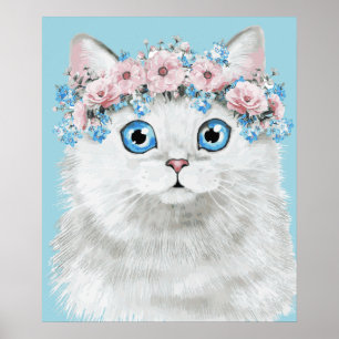 Sweet White Floral Cat Poster
