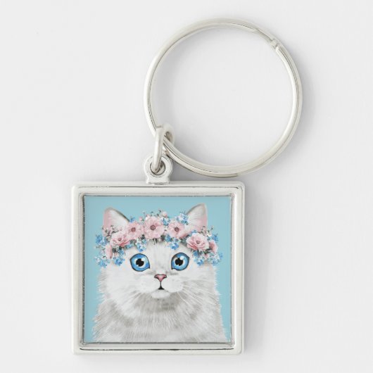 Sweet White Floral Cat Sleutelhanger (Voorkant)