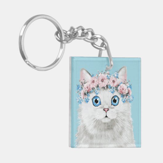 Sweet White Floral Cat Sleutelhanger (Voorkant Links)