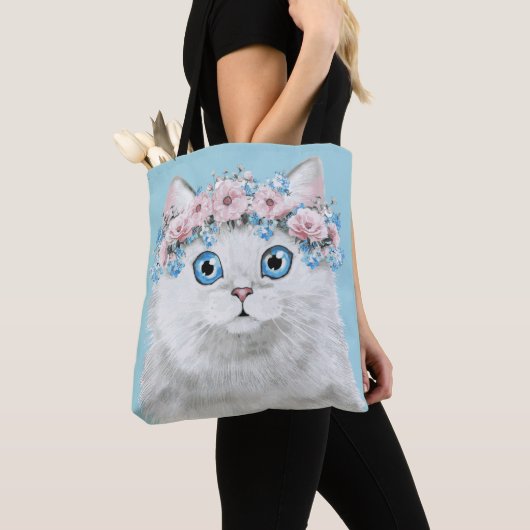 Sweet White Floral Cat Tote Bag (Dichtbij)
