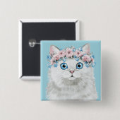 Sweet White Floral Cat Vierkante Button 5,1 Cm (Voorkant /achterkant)