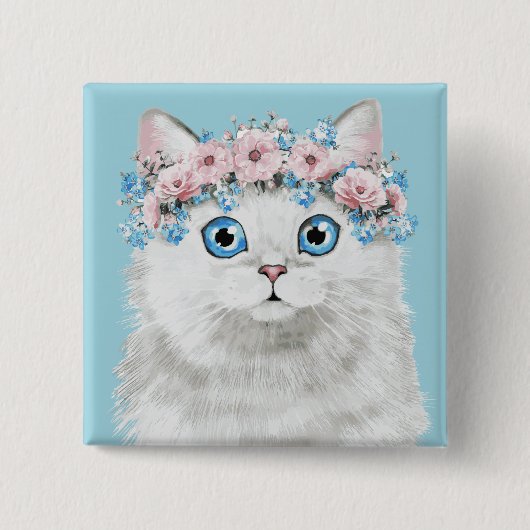 Sweet White Floral Cat Vierkante Button 5,1 Cm (Voorkant)