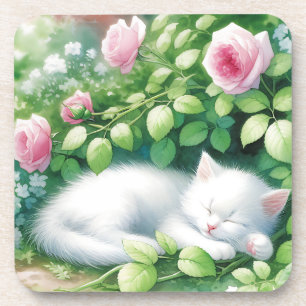 Sweet White Kitten Napping onder een Rozen Struik Bier Onderzetter