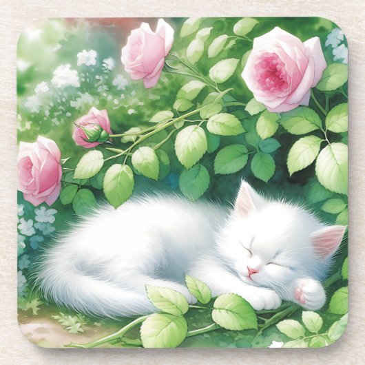 Sweet White Kitten Napping onder een Rozen Struik Bier Onderzetter (Voorkant)