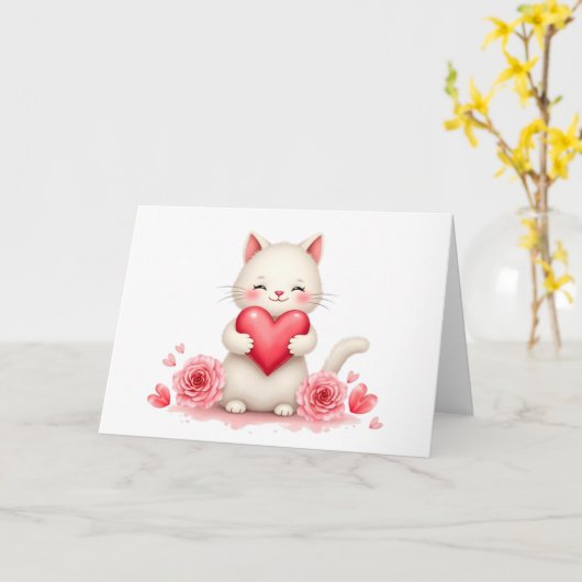 Sweet White Kitten with Red Heart Valentine Blank  Kaart (Gele Bloem)