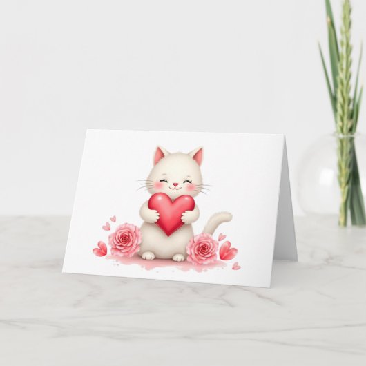 Sweet White Kitten with Red Heart Valentine Blank  Kaart (Voorkant)