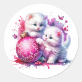 Sweet White Kittens Christmas Ronde Sticker (Voorkant)
