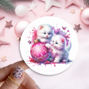 Sweet White Kittens Christmas Ronde Sticker