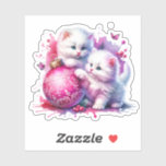Sweet White Kittens Christmas Sticker<br><div class="desc">Kerst sticker met een roze thema. Twee kleine witte pluizige kittens spelen met een roze sprankelende kerstversiering.</div>