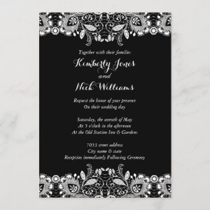 Sweet White Lace Black Wedding Uitnodiging