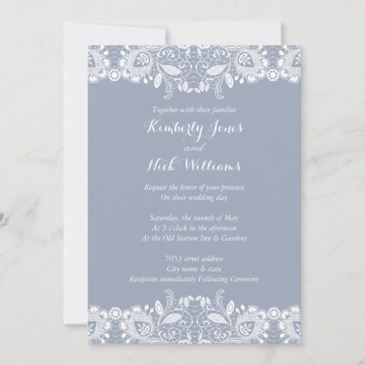 Sweet White Lace Dusty Blue Wedding Invitation Kaart (Voorkant)