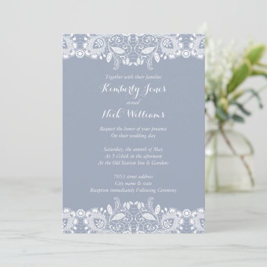 Sweet White Lace Dusty Blue Wedding Invitation Kaart (Staand voorkant)