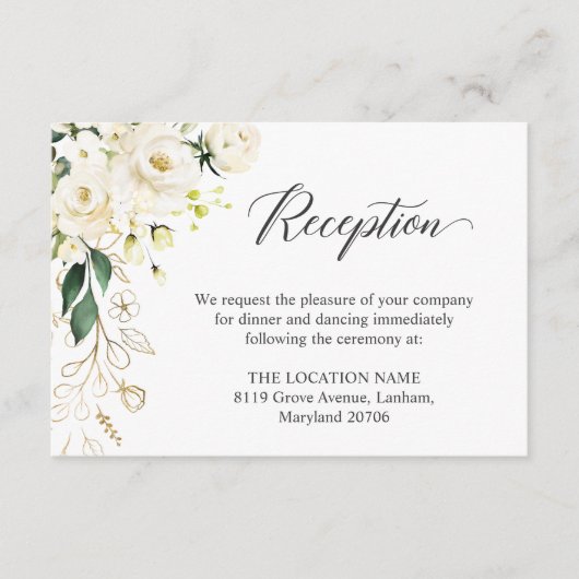 Sweet White Rose Greenery Floral Wedding Reception Informatiekaartje (Voorkant)
