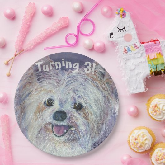 Sweet White Yorkie Turning 3 PARTY Papieren Bordje (Feest)
