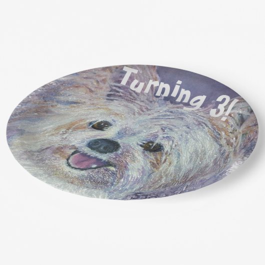 Sweet White Yorkie Turning 3 PARTY Papieren Bordje (Gekanteld)