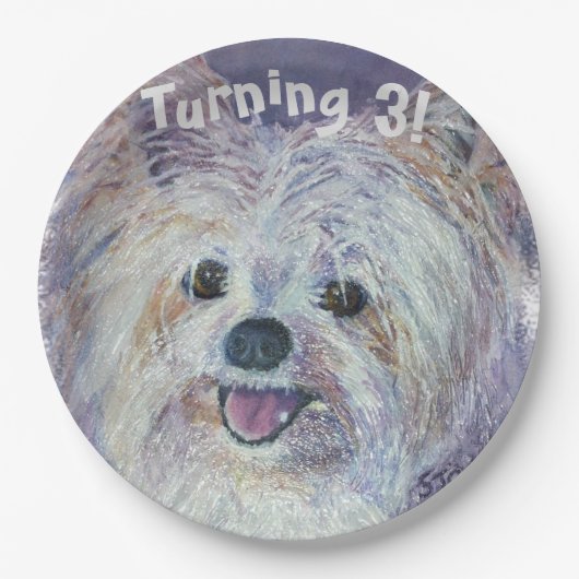 Sweet White Yorkie Turning 3 PARTY Papieren Bordje (Voorkant)