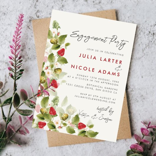 Sweet Wildflowers Strawberry Engagement Party Kaart